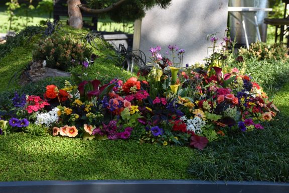 Bunte Blumenarrangements in einem Garten, umgeben von grünem Gras.